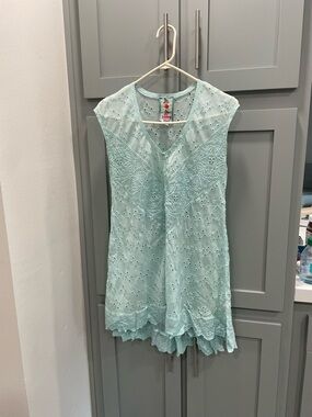 Johnny Was Aqua Eyelet Lace Blouse